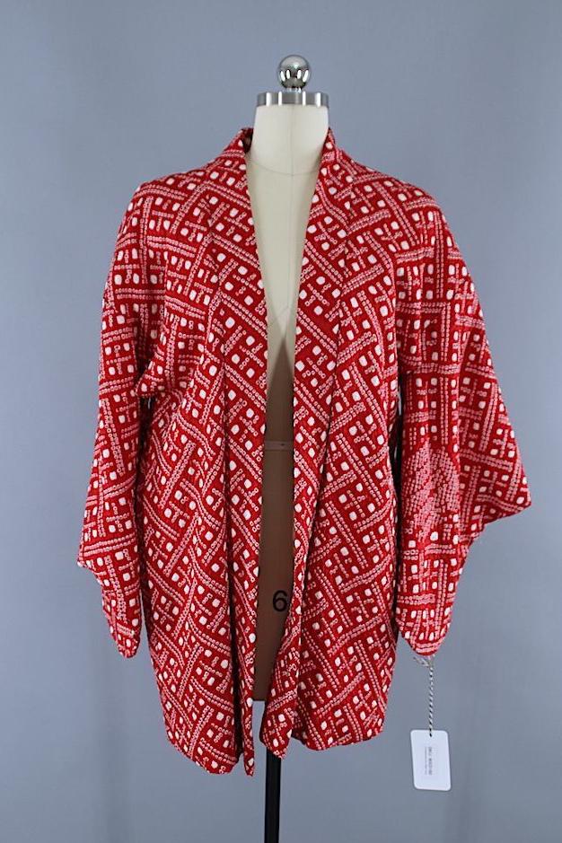 Vintage 1960s Silk Haori Kimono Jacket / Bright Red &amp; White Shibori - ThisBlueBird
