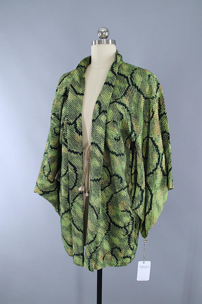 Vintage 1960s Silk Haori Kimono Jacket / Green & Black Shibori Dyed - ThisBlueBird