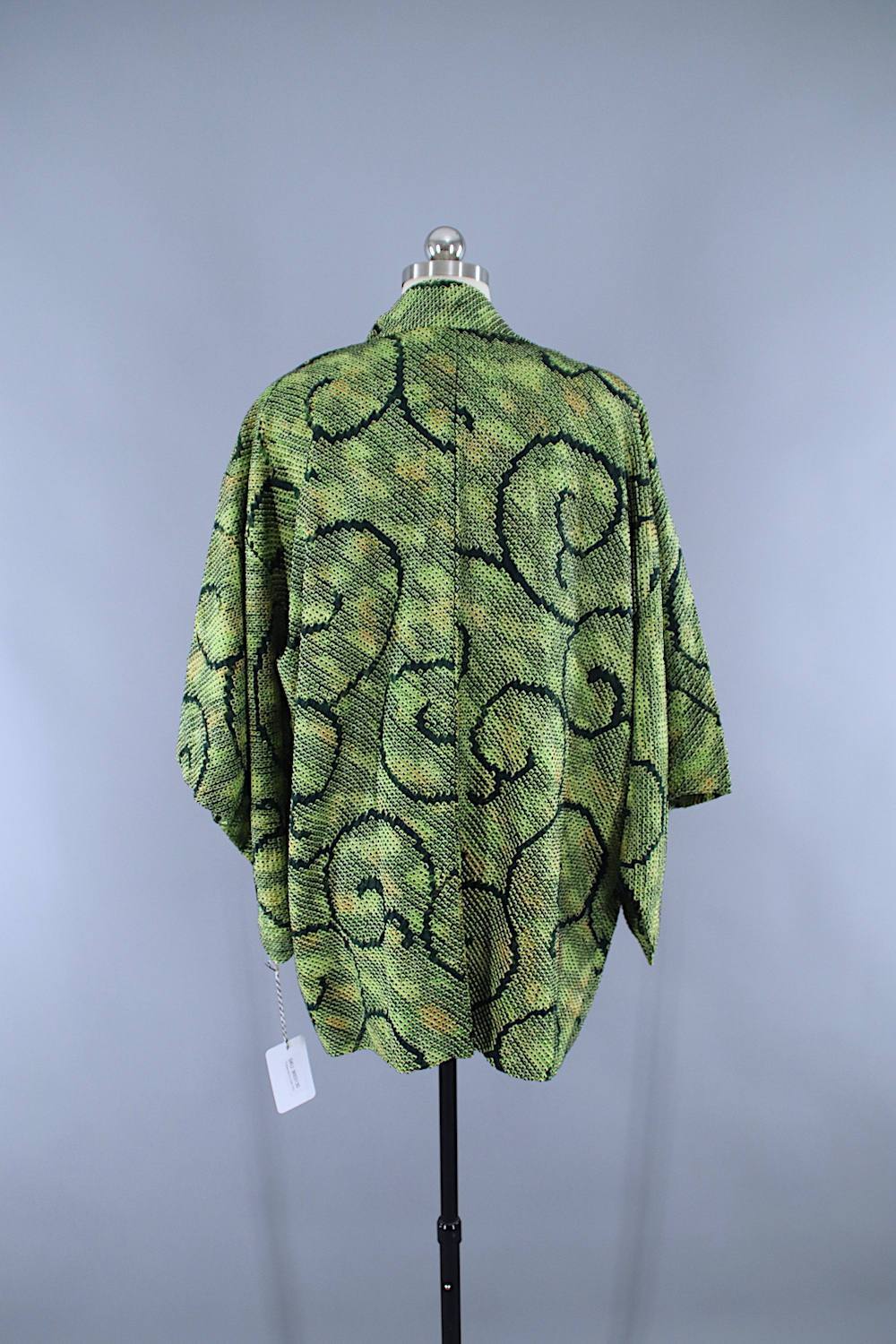 Vintage 1960s Silk Haori Kimono Jacket / Green & Black Shibori Dyed - ThisBlueBird