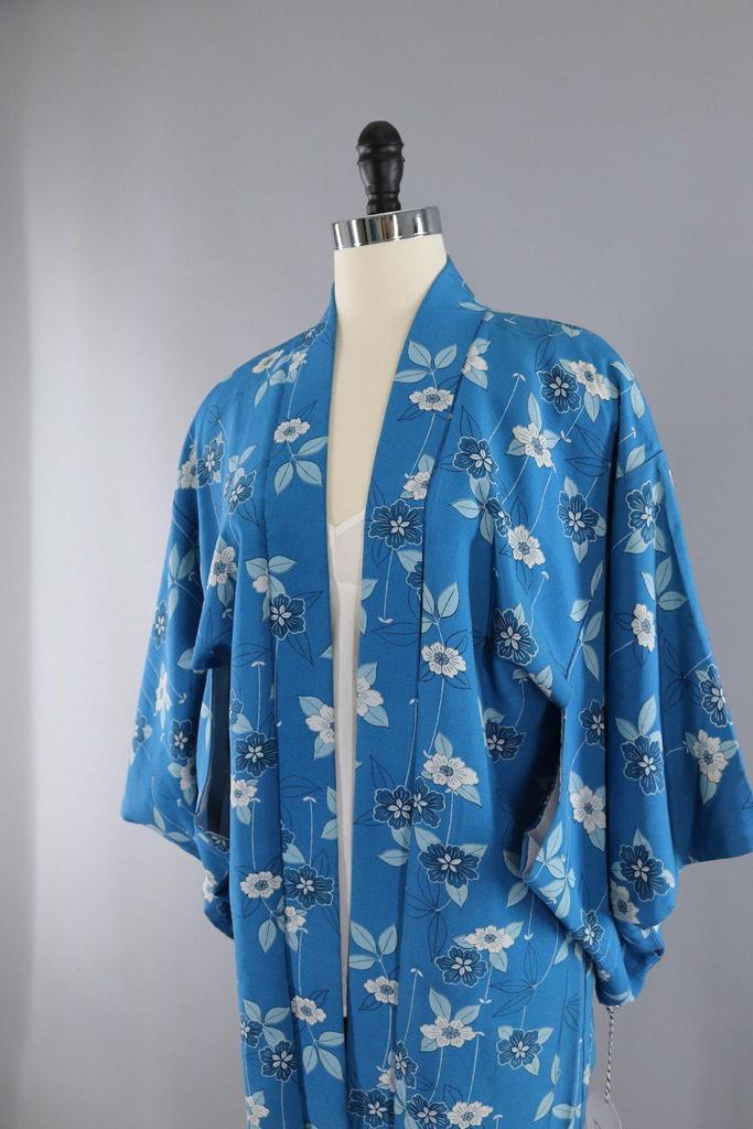 Vintage 1960s Silk Kimono Cardigan Haori / Blue Floral Print - ThisBlueBird