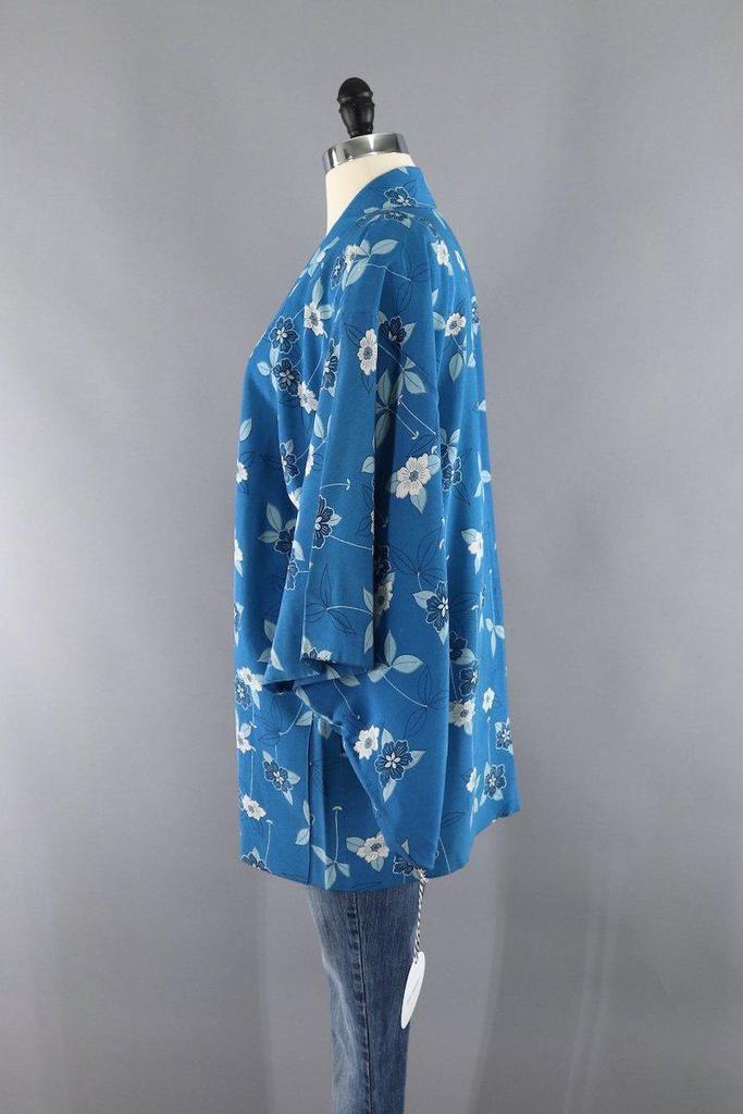 Vintage 1960s Silk Kimono Cardigan Haori / Blue Floral Print - ThisBlueBird