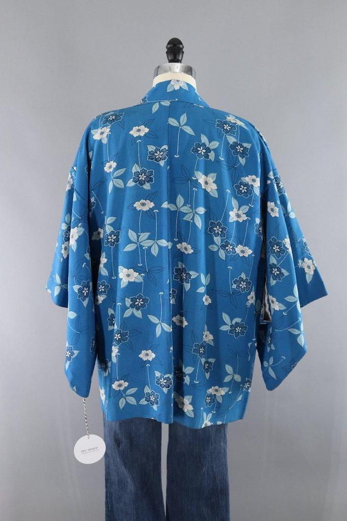 Vintage 1960s Silk Kimono Cardigan Haori / Blue Floral Print - ThisBlueBird