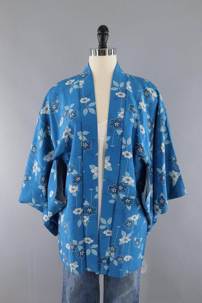Vintage 1960s Silk Kimono Cardigan Haori / Blue Floral Print - ThisBlueBird