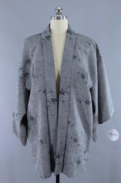 Vintage 1960s Silk Kimono Cardigan / Slate Grey Shibori - ThisBlueBird