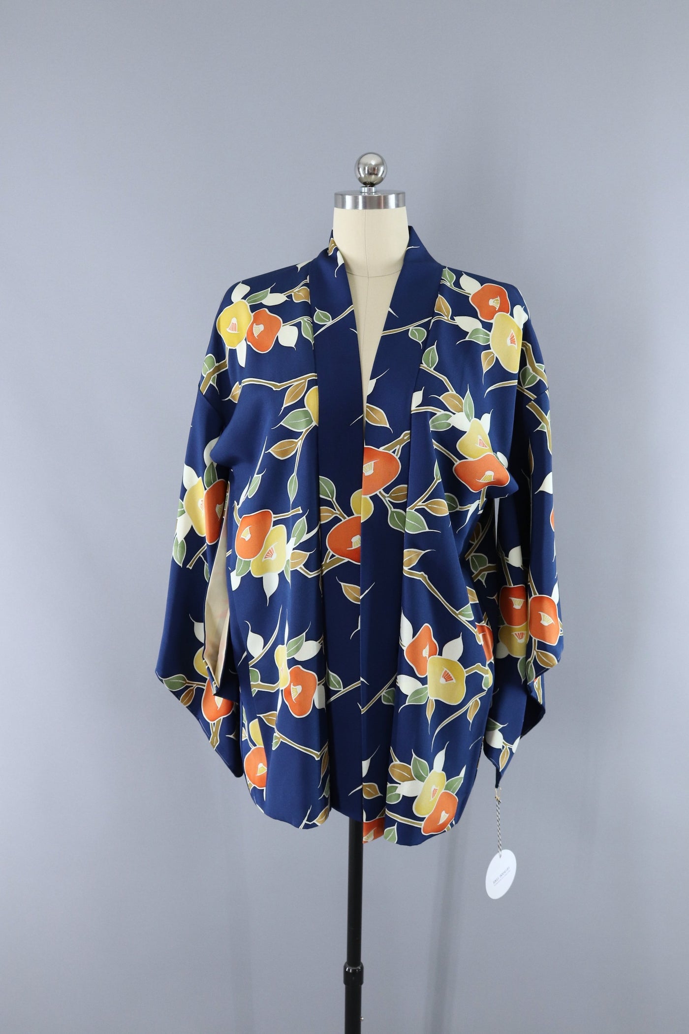 Vintage Silk Kimono Cardigan Jacket - Blue and Orange Floral Print - ThisBlueBird