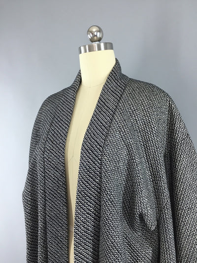 Vintage 1960s Silk Kimono Jacket Haori Cardigan Black & White Shibori - ThisBlueBird