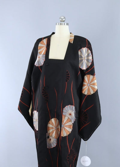 Vintage Silk Kimono Coat - Black Floral - ThisBlueBird