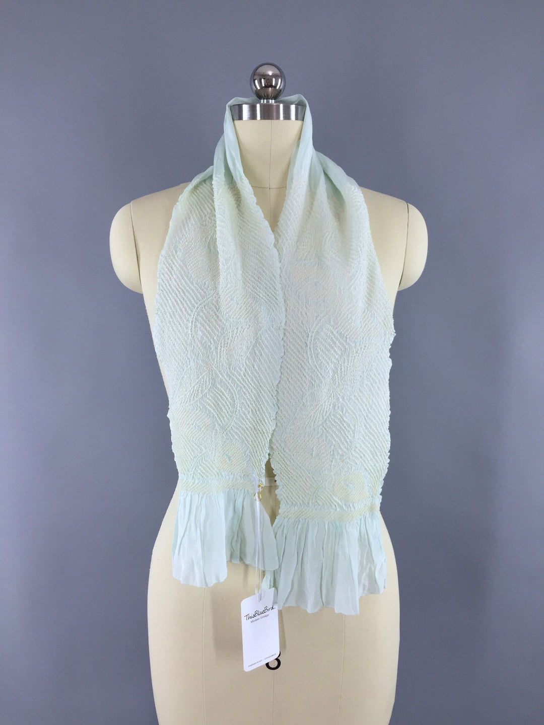 Vintage 1960s Silk Kimono Obiage Scarf in Sea Green and White Shibori - ThisBlueBird