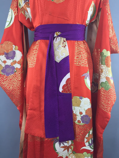 Vintage 1960s Silk Kimono Robe Art Deco Orange Floral - ThisBlueBird