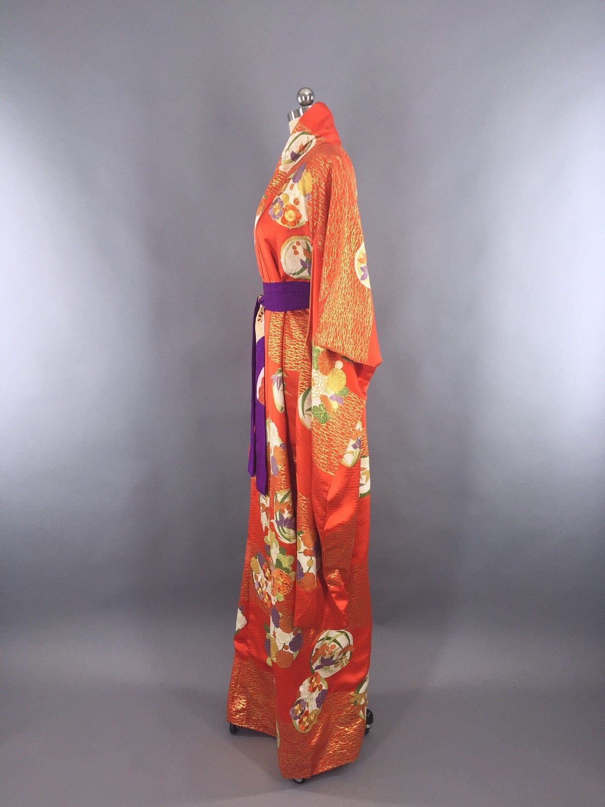 Vintage 1960s Silk Kimono Robe Art Deco Orange Floral - ThisBlueBird