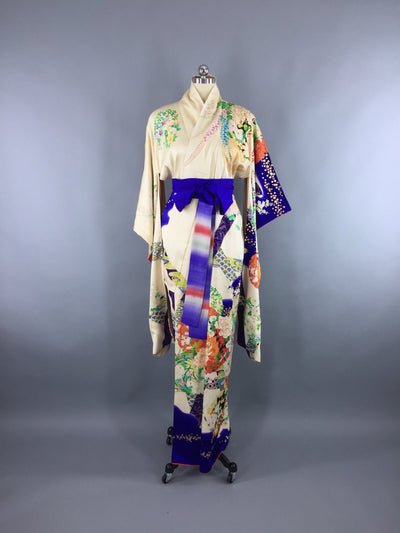 Vintage 1960s Silk Kimono Robe / Blue Wisteria Floral Print - ThisBlueBird
