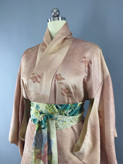 Vintage 1960s Silk Kimono Robe /  Blush Copper Floral - ThisBlueBird