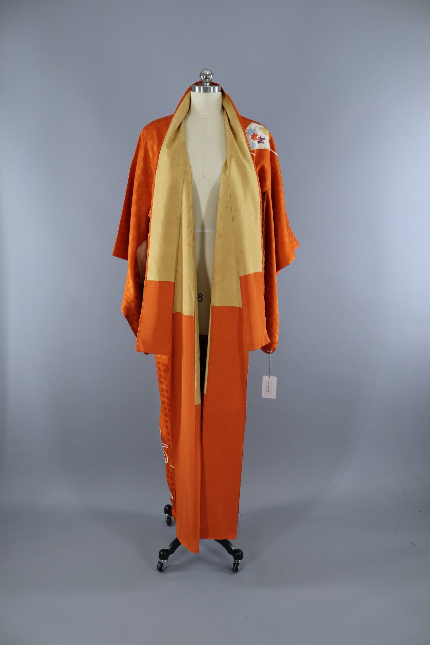 Vintage 1960s Silk Kimono Robe / Bright Orange Fans - ThisBlueBird