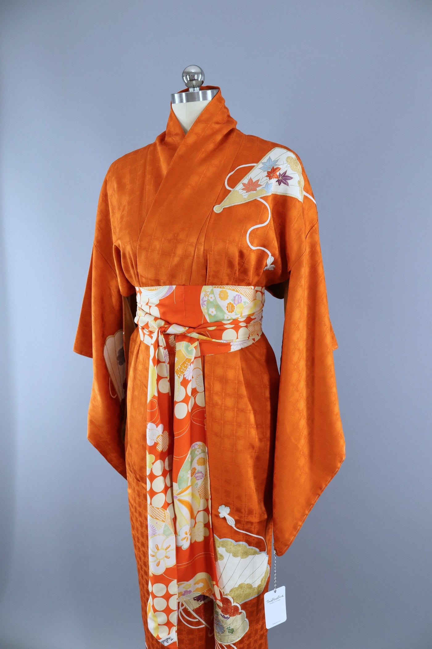 Vintage 1960s Silk Kimono Robe / Bright Orange Fans - ThisBlueBird