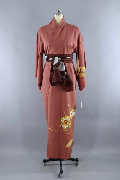Vintage 1960s Silk Kimono Robe / Brown Peacock Birds-ThisBlueBird