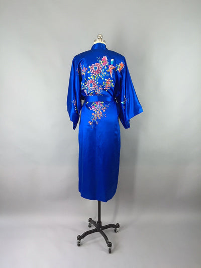 Vintage 1960s Silk Kimono Robe / Embroidered Birds - ThisBlueBird