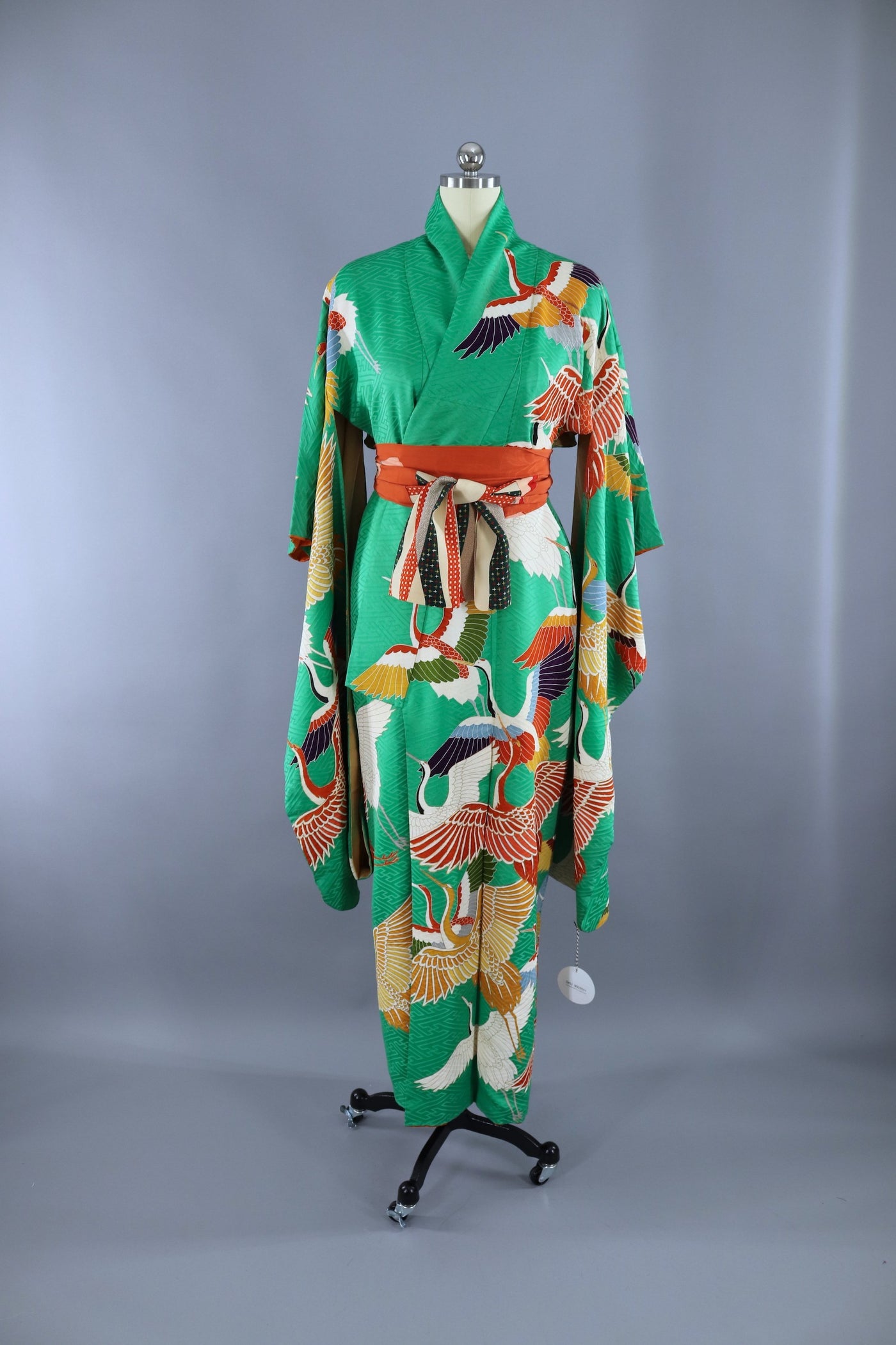 Vintage 1960s Silk Kimono Robe Furisode / Bright Green Flying Crane Birds - ThisBlueBird