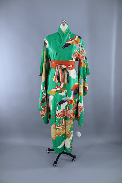 Vintage 1960s Silk Kimono Robe Furisode / Bright Green Flying Crane Birds - ThisBlueBird