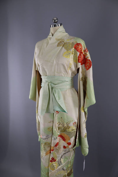 Vintage 1960s Silk Kimono Robe Furisode / Green Gold Embroidered Peacocks - ThisBlueBird