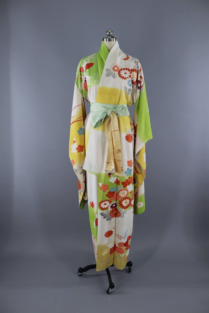 Vintage 1960s Silk Kimono Robe Furisode / Green &amp; Yellow Mod Floral - ThisBlueBird