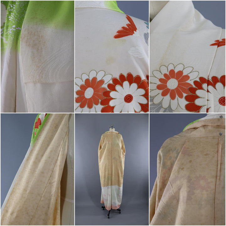 Vintage 1960s Silk Kimono Robe Furisode / Green &amp; Yellow Mod Floral - ThisBlueBird