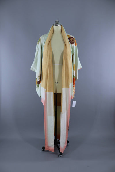 Vintage 1960s Silk Kimono Robe / Green & Orge Floral Seigaiha - ThisBlueBird