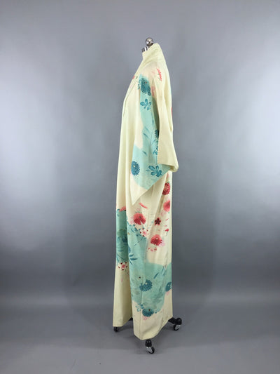 Vintage 1960s Silk Kimono Robe in Mint Green Aqua Blue Floral Print - ThisBlueBird