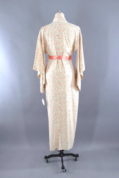 Vintage 1960s Silk Kimono Robe / Ivory and Coral Floral Pink-ThisBlueBird