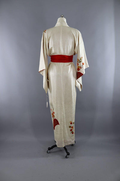 Vintage 1960s Silk Kimono Robe / Ivory and Red Shibori Floral - ThisBlueBird