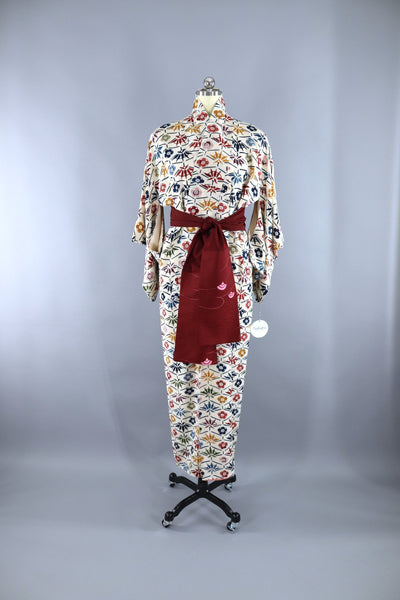 Vintage 1960s Silk Kimono Robe / Ivory Blue Bamboo Leaves - ThisBlueBird