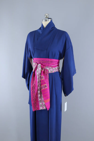 Vintage 1960s Silk Kimono Robe / Navy Blue - ThisBlueBird