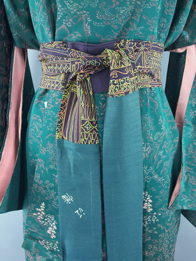 Vintage 1960s Silk Kimono Robe / Omeshi Green Birds Trees - ThisBlueBird