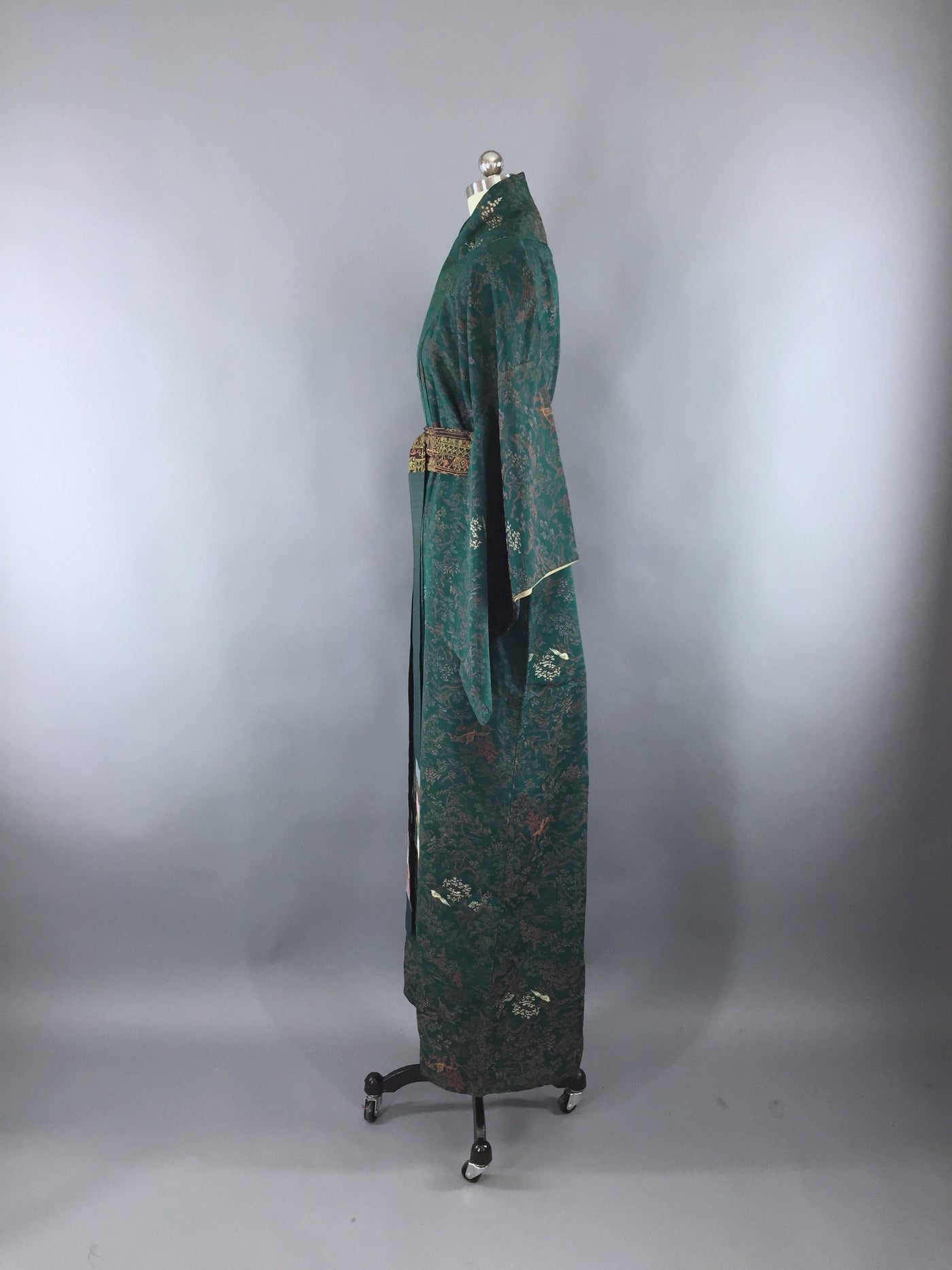 Vintage 1960s Silk Kimono Robe / Omeshi Green Birds Trees - ThisBlueBird