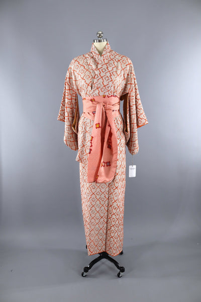 Vintage 1960s Silk Kimono Robe / Orange & Grey Shibori - ThisBlueBird