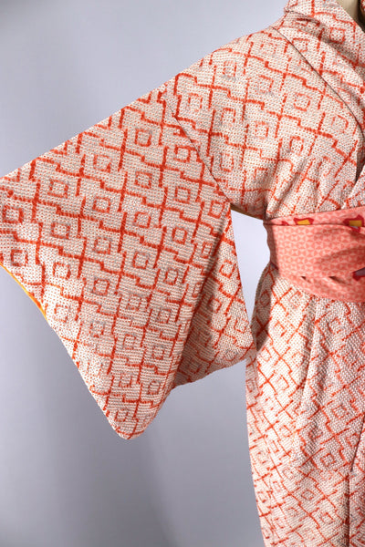 Vintage 1960s Silk Kimono Robe / Orange & Grey Shibori - ThisBlueBird