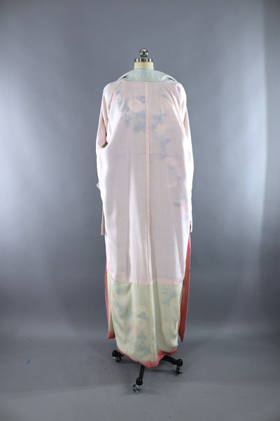 Vintage 1960s Silk Kimono Robe / Pale Blue & Pink Floral Chrysanthemums - ThisBlueBird