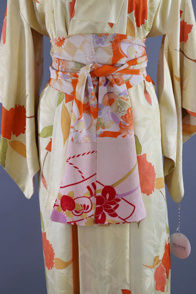 Vintage 1960s Silk Kimono Robe / Pastel Yellow Orange Floral Print - ThisBlueBird