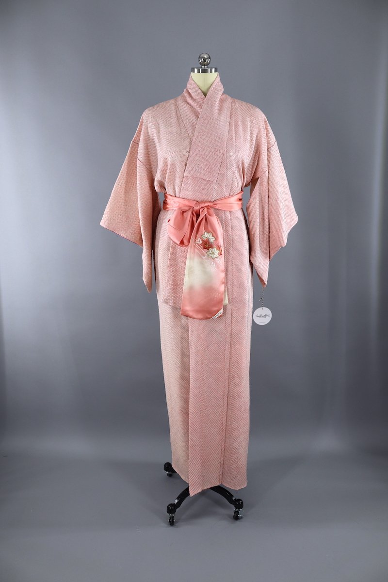 Vintage 1960s Silk Kimono Robe / Pink & Grey Full Shibori - ThisBlueBird