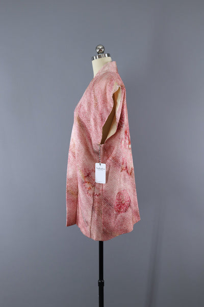 Vintage 1960s Silk Kimono Vest Cardigan / Pink Shibori Floral - ThisBlueBird