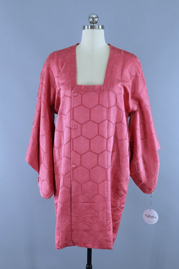 Vintage Silk Kimono Jacket in Pink and Metallic Hexagons Hex - ThisBlueBird