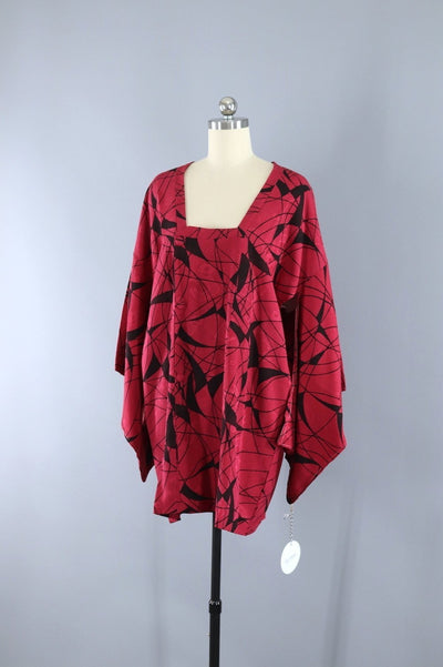 Vintage Silk Kimono Jacket - Red and Black Abstract - ThisBlueBird