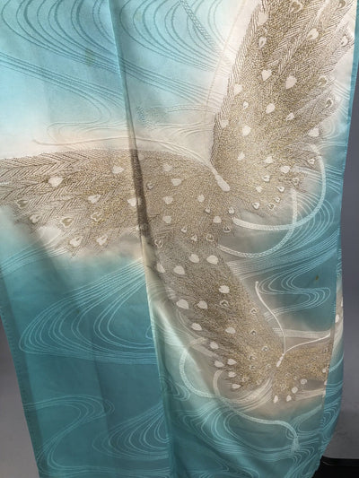 Vintage 1960s Silk Satin Kimono Robe / Aqua Blue Embroidered Butterflies - ThisBlueBird