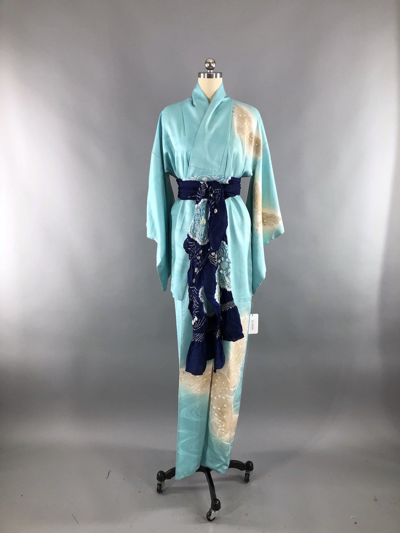 Vintage 1960s Silk Satin Kimono Robe / Aqua Blue Embroidered Butterfli ...