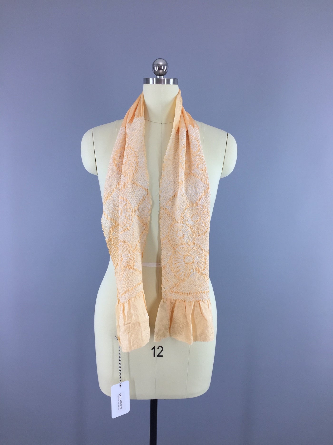 Vintage 1960s Silk Scarf Kimono Obiage / Peach White Shibori - ThisBlueBird