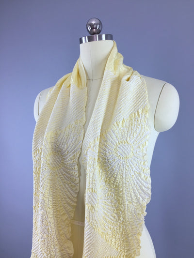 Vintage 1960s Silk Scarf Kimono Obiage / Yellow & White Shibori - ThisBlueBird