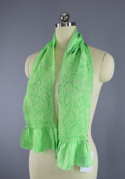 Vintage 1960s Silk Scarf / Silk Kimono Obiage / Bright Green - ThisBlueBird