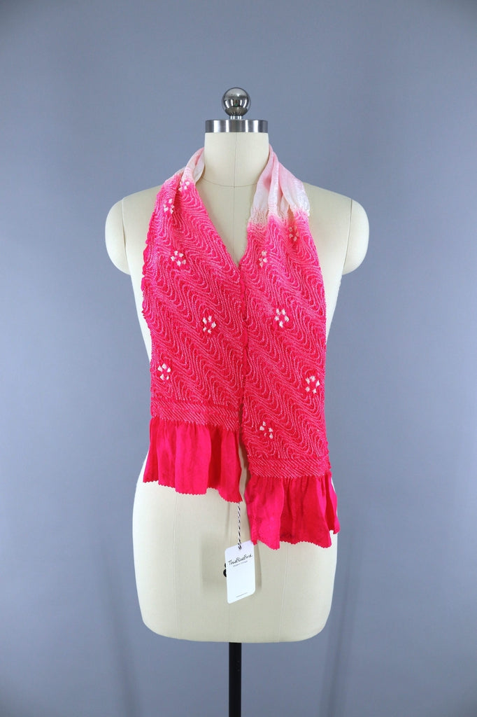 Vintage 1960s Silk Scarf / Silk Kimono Obiage / Bright Pink Shibori - ThisBlueBird
