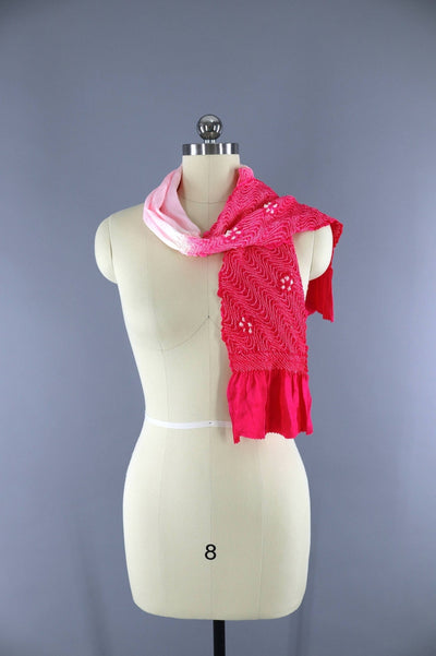Vintage 1960s Silk Scarf / Silk Kimono Obiage / Bright Pink Shibori - ThisBlueBird