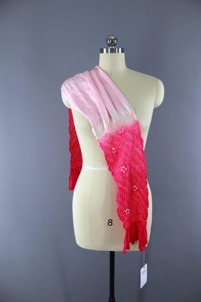 Vintage 1960s Silk Scarf / Silk Kimono Obiage / Bright Pink Shibori - ThisBlueBird