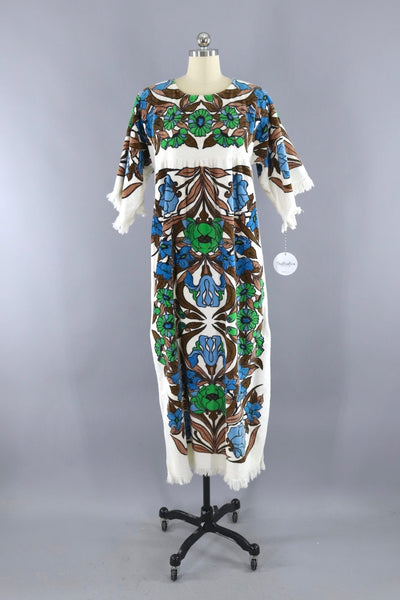 Vintage 1960s Terry Cloth Caftan Dress / White Floral - ThisBlueBird